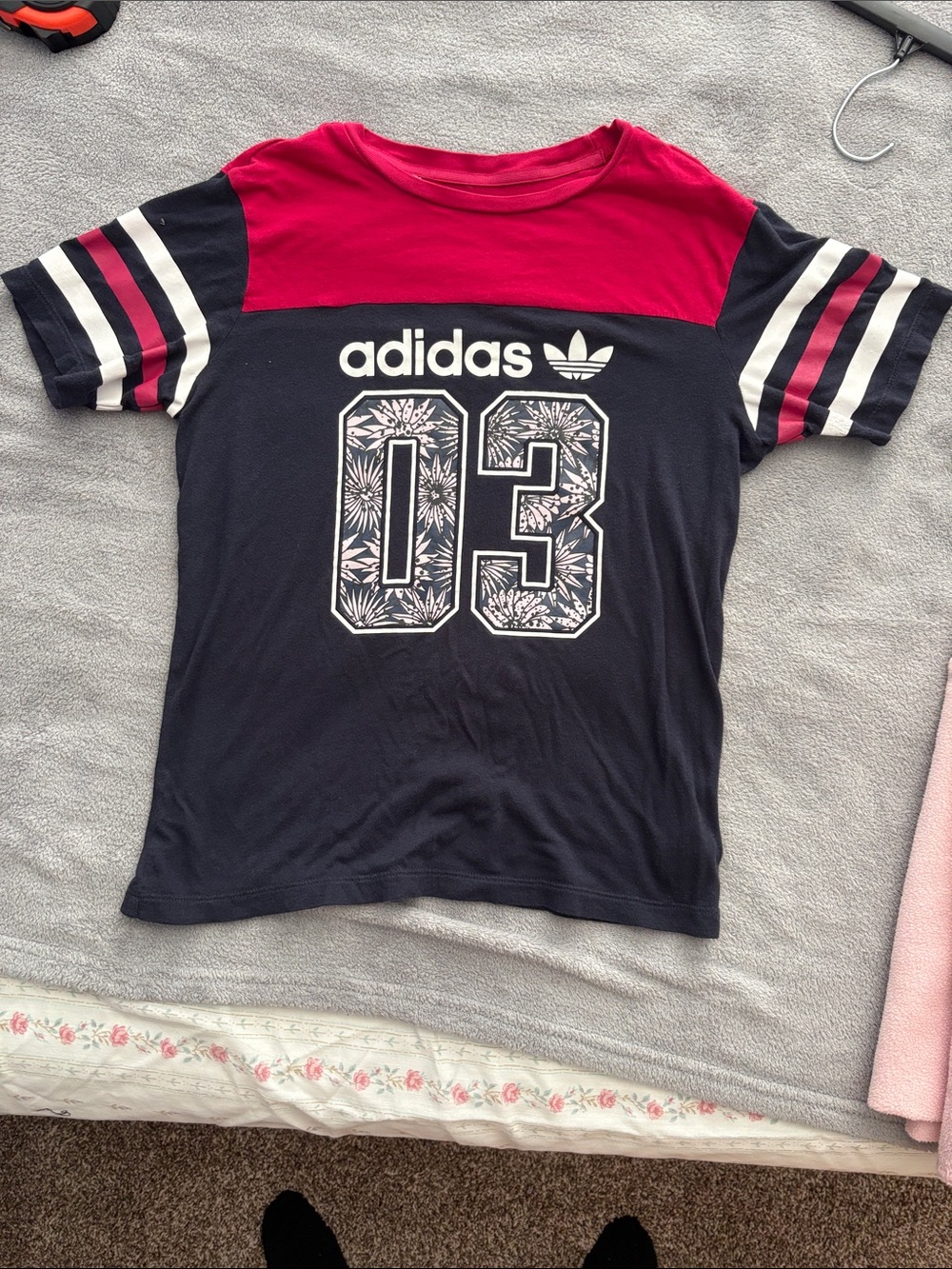 adidas Black and Red '03' Floral Graphic Short Sleeve Tee